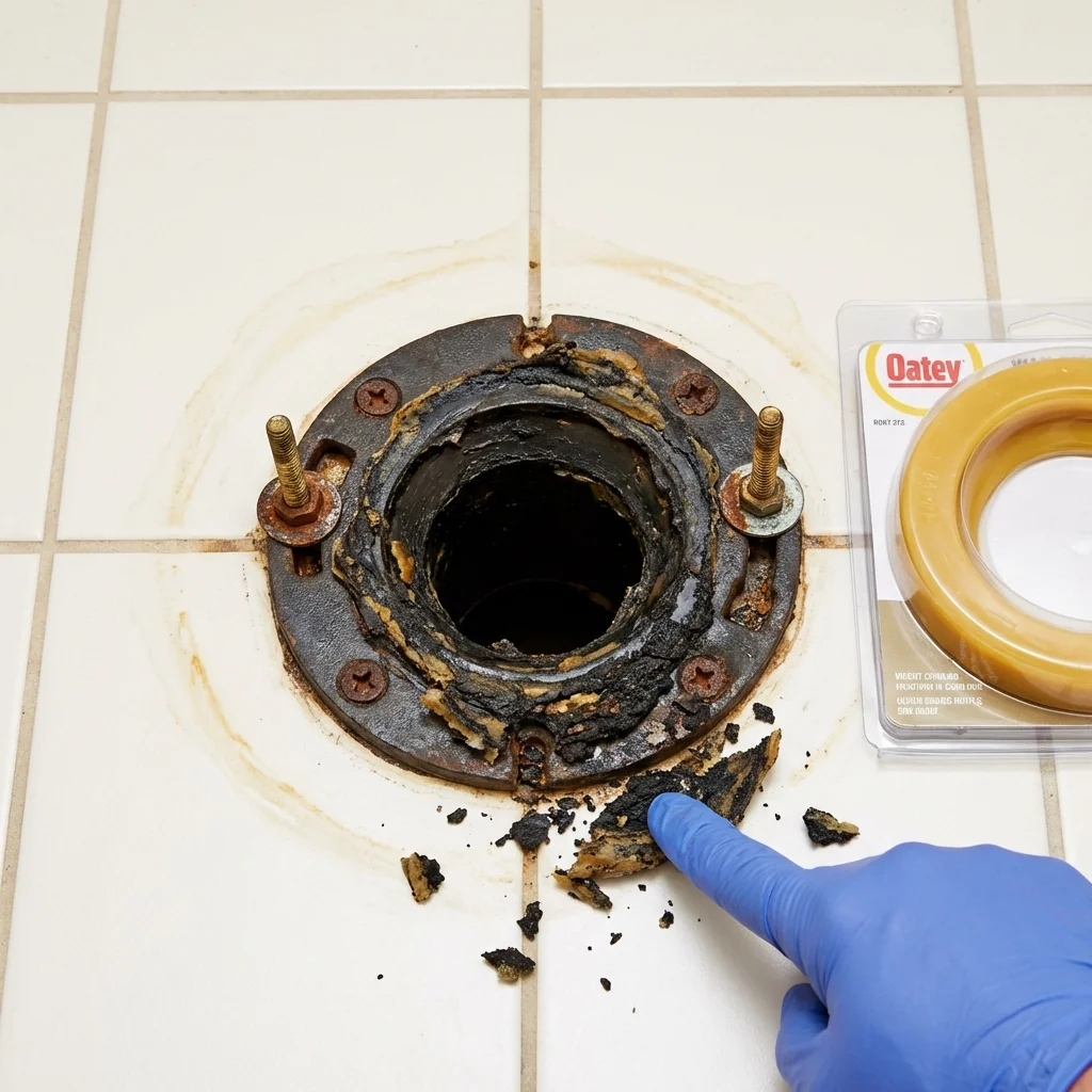 Failed wax ring showing water seepage at the base of a toilet in a Winona, MO home